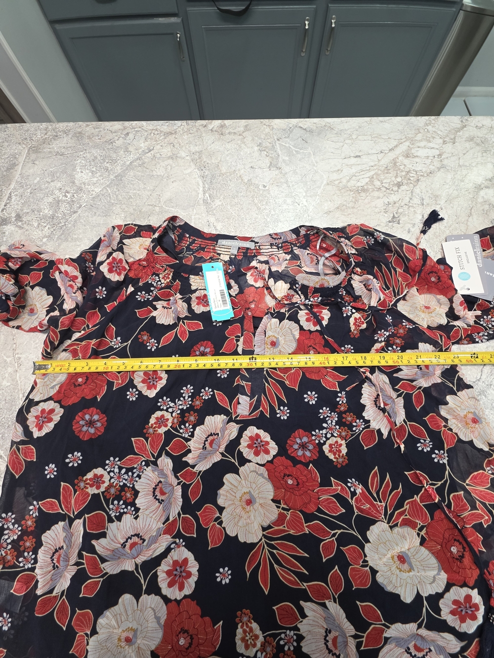 2 Piece Daniel Rainn Navy Floral Tie-Front Peasant Blouse With Blue Tank - Picture 5 of 5